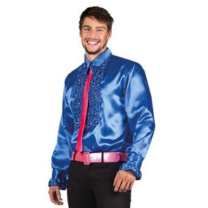 Blue satin disco shirt with ruffles for men