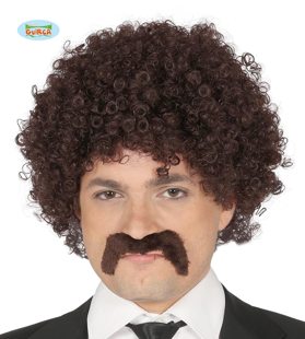Curly wig with mustache 80s