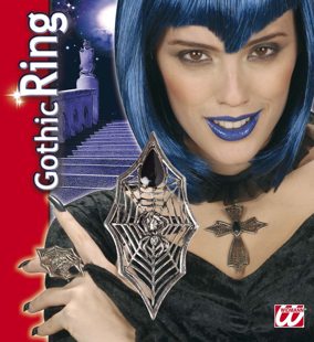 GOTHIC SPIDER & SPIDERWEB RING WITH BLACK GEM