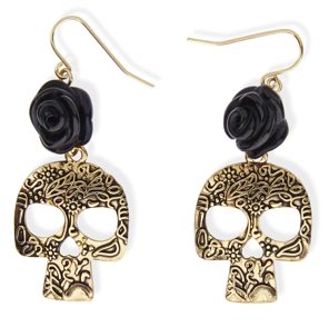 Halloween earrings skull with Black Rose