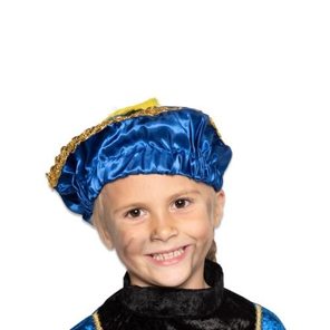 Pietbaret satijn met veer blauw