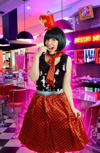 Red retro skirt with black polka dots and scarf