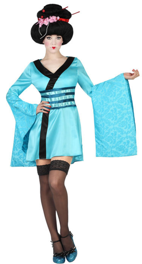 Aziatisch Geisha Themakostuum - Lichtblauw met Zwarte Accenten