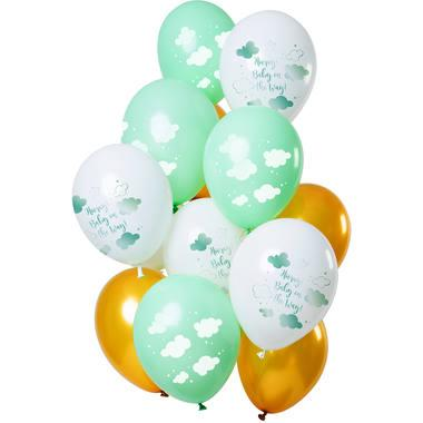 Ballonnen 'Hooray, Baby on the way!' Groen-Goud 30cm - 12 stuks