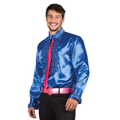Blue satin disco shirt with ruffles for men