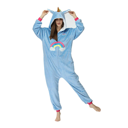 Blue unicorn onesie with glitter and rainbow.