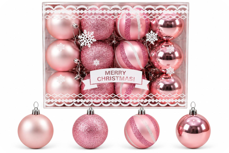 Boîte classique de boules de Noël roses, 24 pièces