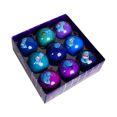 Boîte de 9 boules de Noël Aladdin avec le génie Disney.