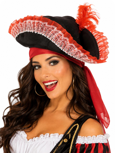 Chapeau de pirate pour dames avec dentelle rouge de luxe