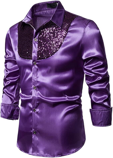 Chemise disco violette en satin avec des paillettes.