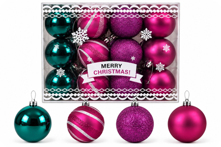 Classic kerstballen box fuchsia/groen/paars 24 stuks