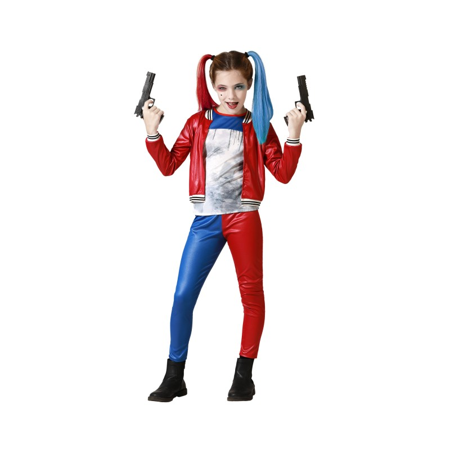 Costume de fille arlequin bleu avec veste, chemise et pantalon rouge et bleu.