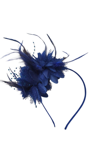 Diadème bleu avec plumes et fleur en dentelle