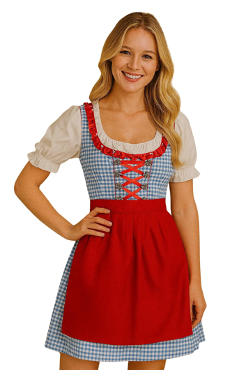 Dirndl licht blauw geruit kleedje met rood schortje