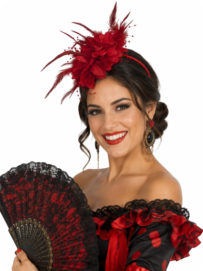 Extension de cheveux rouge avec fleur en dentelle et plumes