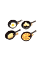 Frying pan skewers with omelette, fish and pizza.