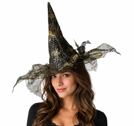 Golden witch hat with spider web print