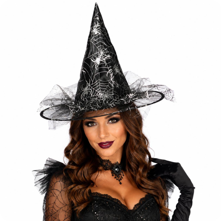 Halloween Heksenhoed Zilver met Spinnenweb en Tule
