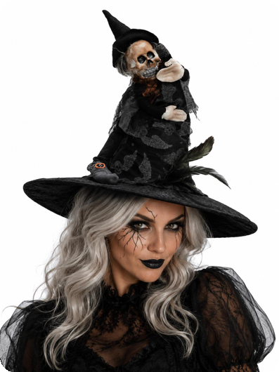 Halloween luxe heksenhoed met skeletpop