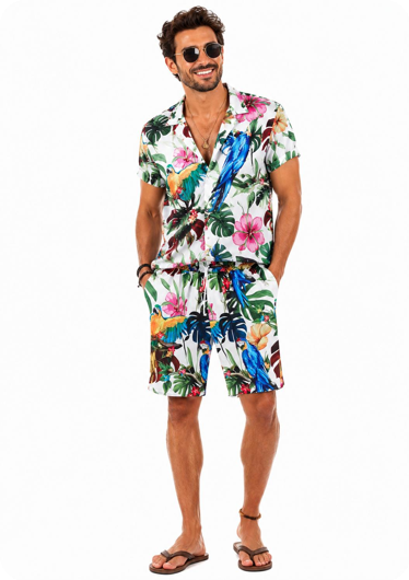 Hawai short wit met bloemen/papegaai