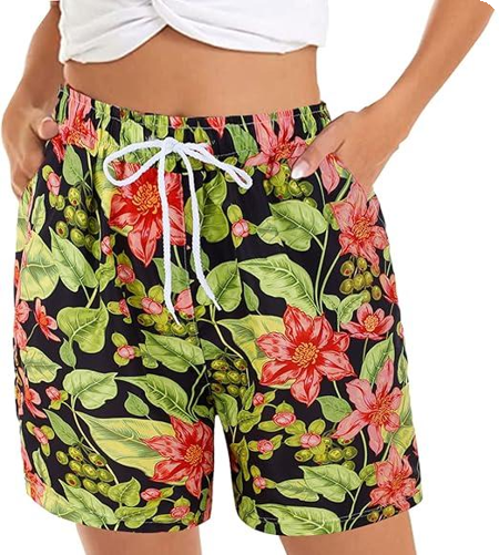 Hawai short zwart met rode bloemen