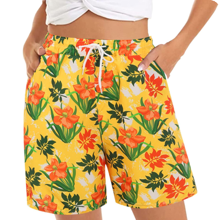 Hawai verkleed short geel met oranje bloemen