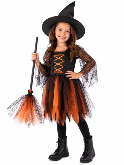 Heks bezem met tulle en spinnenweb print
