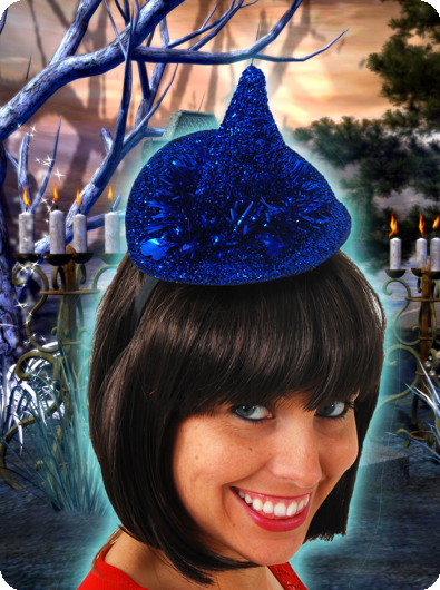 Heksenhoedje glitter op diadeem blauw