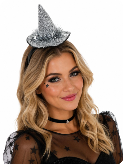 Heksenhoedje glitter op diadeem zilver