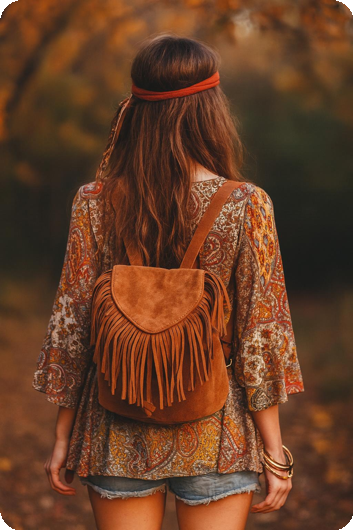 Hippie cowgirl rugzak bruin nepleder met franjes