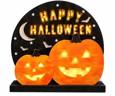 Houten deco halloween pompoen  met licht