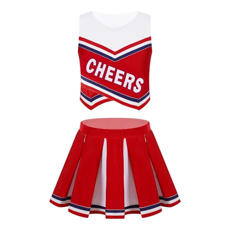 Jupe de cheerleader et haut rouge avec pompons et chaussettes