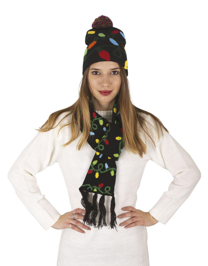 Kerst muts en sjaal met kerstverlichting print