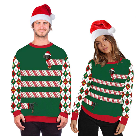 Kersttrui met lange hond  Groen met Rood