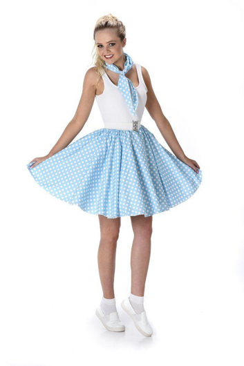 Lichtblauw Polka Dot Rokje met Sjaal - Jaren 50 Stijl