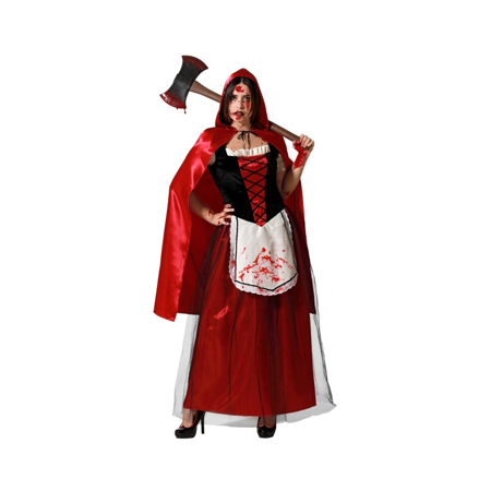Little Red Riding Hood with blood, including cape, belt, and long dress.