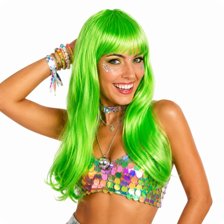 Long wig with fringe bright green