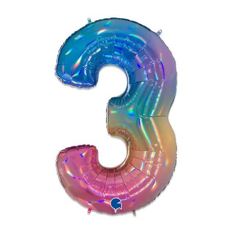 Luxe Folieballon cijfer ‘3‘ regenboog (100cm)