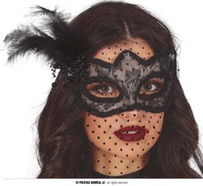 masque noir avec voile et plume