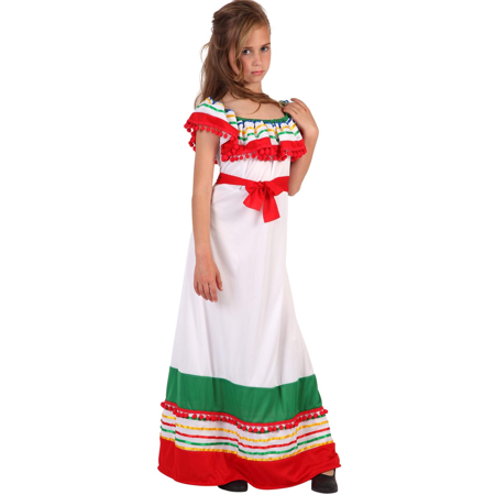 Meisjes Mexicaanse Dansjurk - Wit, Groen en Rood