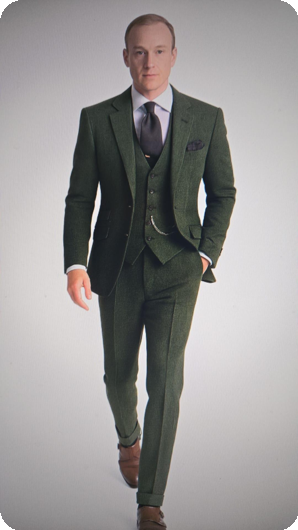 Men's suit from the 1920s with waistcoat, tie, and pocket square.