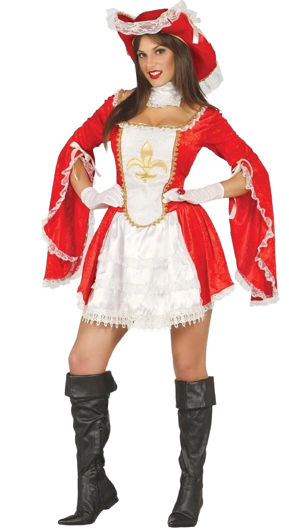 Musketier Kostuum Dames - Rood met Gouddetails