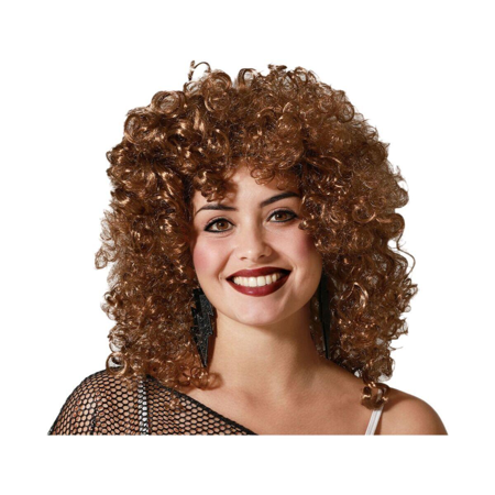 Perruque des années 80 avec des boucles brunes.