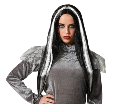 Perruque d'Halloween 60cm noire avec mèches blanches