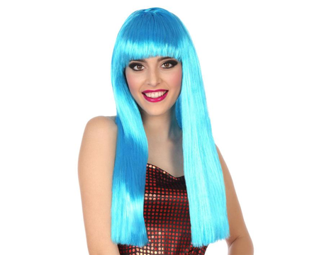 Perruque turquoise avec cheveux longs et frange.