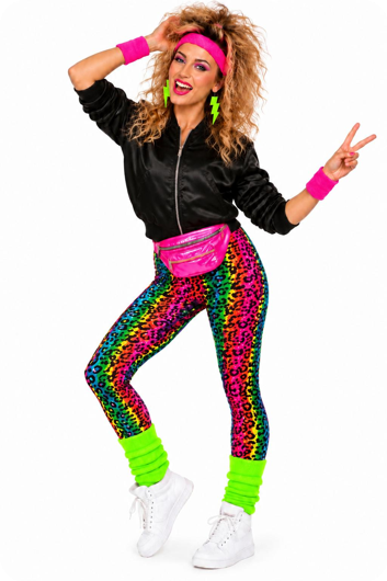 Promo pakket : Jaren 80 complete Verkleedset Dames – Neon 80’s Outfit met Legging, Jasje & Accessoires maat S