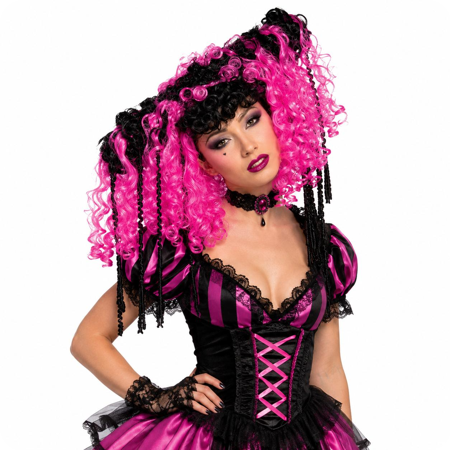 Pruik roze met zwart Curly