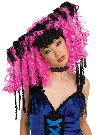 Pruik roze met zwart Curly