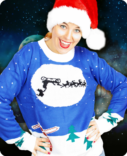 Pull de Noël bleu avec le Père Noël à l'envers