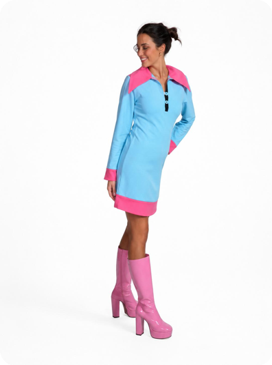 Retro Sixties Stijl Jurk - Blauw met Roze Accenten